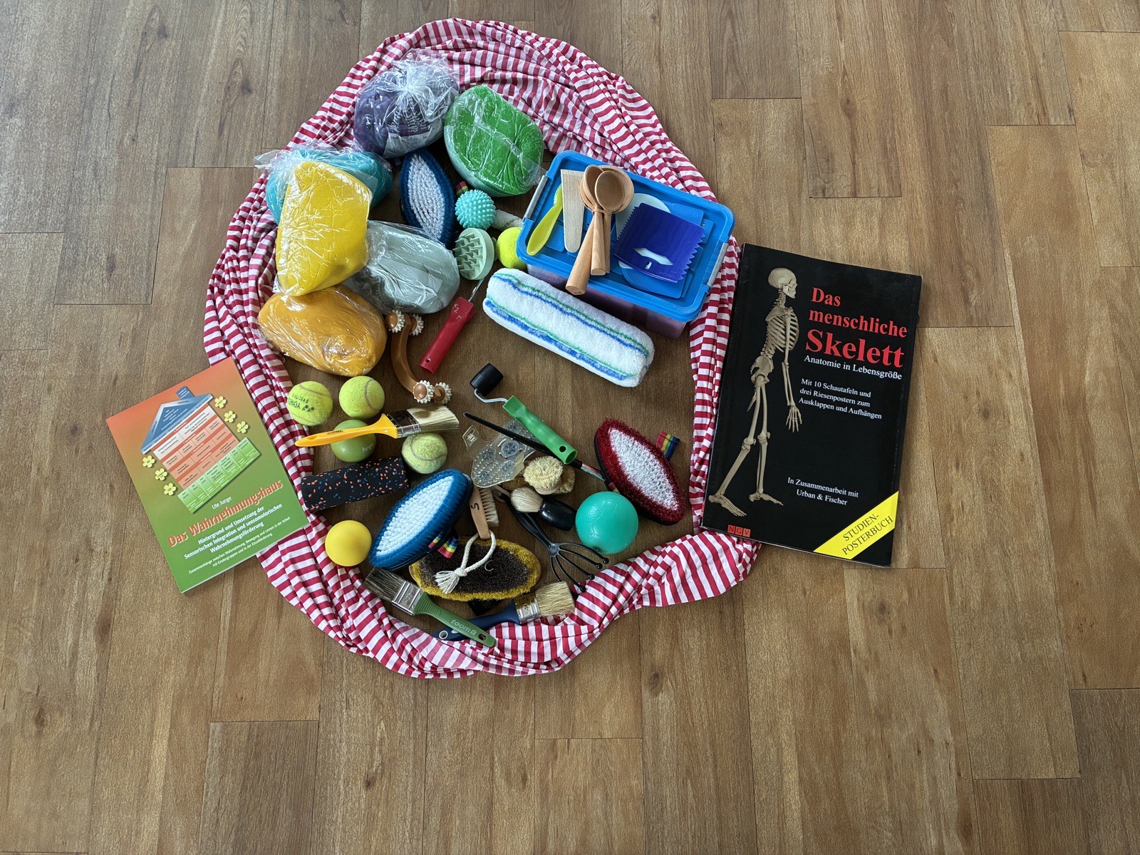 Ein Seminarraum, in dem zahlreiche Materialien zur Wahrnehmungsförderung ausgebreitet sind: Bälle, Tücher, Bürsten, Behälter mit Naturmaterialien und Tastmaterial.